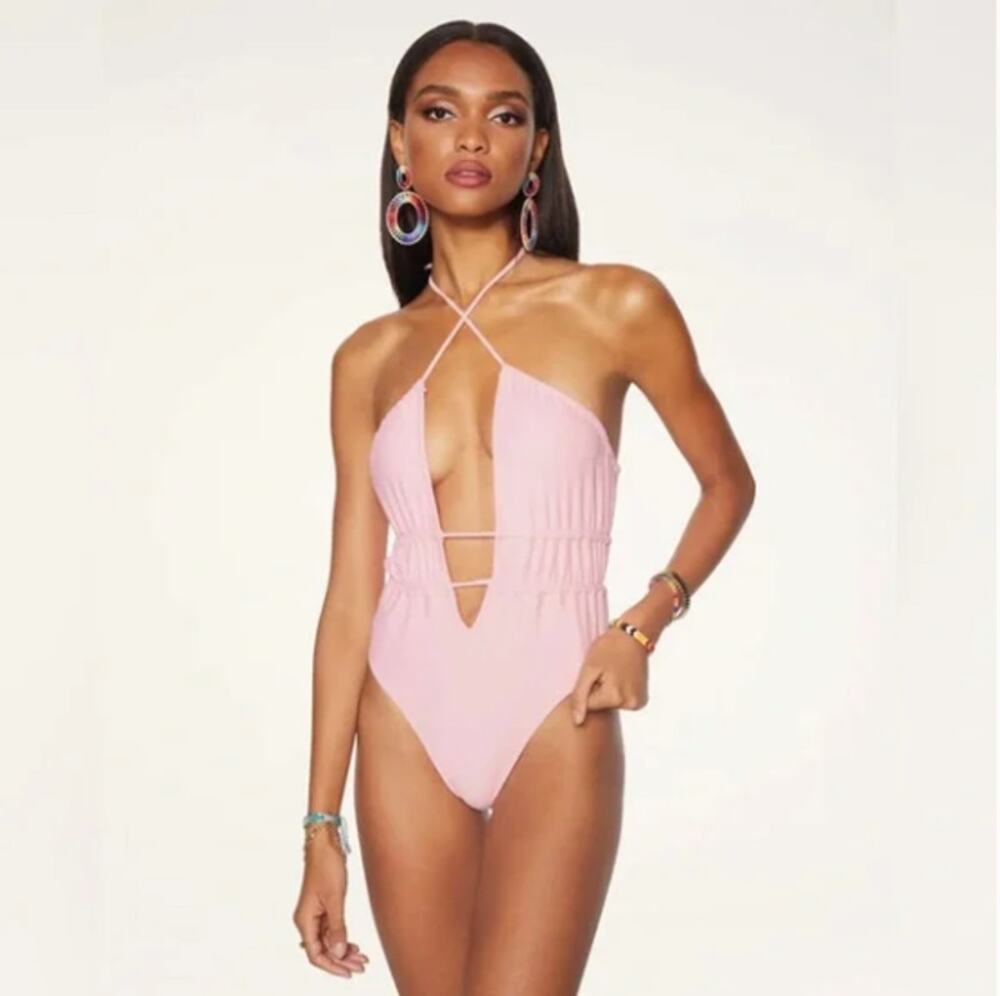 NEW Ramy Brook Marta Sparkle Knit Shirred One Piece Swimsuit Seashell Pink Small